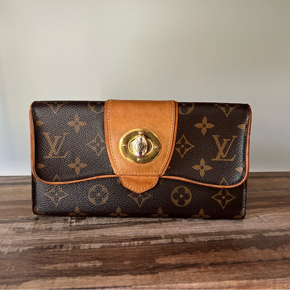 Louis Vuitton Monogram Canvas Brown & Tan Clasp Wallet with Gold Hardware